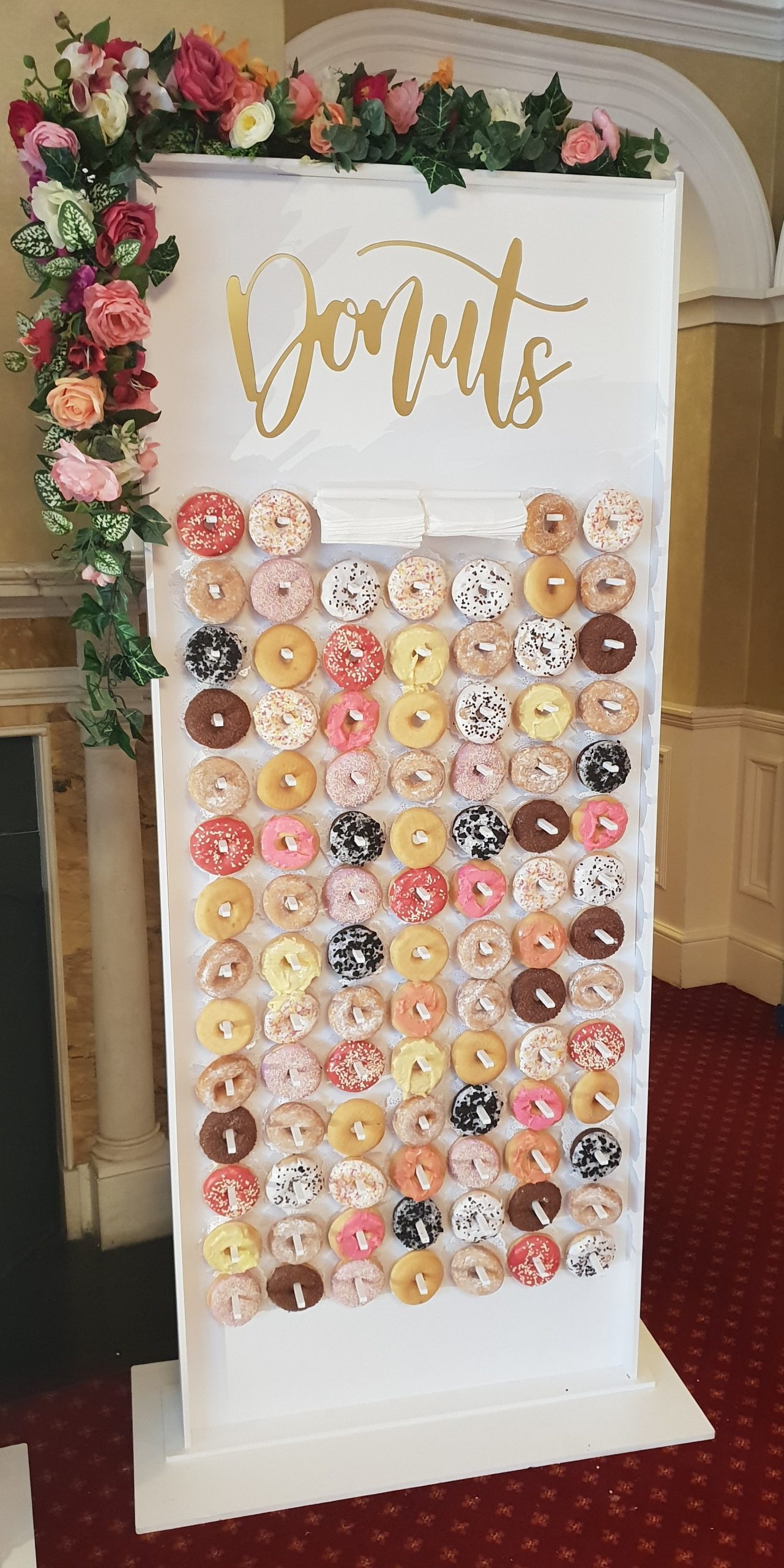 DonutWallWhite-min - Carolyn's Sweets - Chocolate Fountains, Candy Carts & more